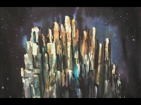 starry sky in space Surrealisme rocks Watercolor painting Surrealisme stjernehimmel Akvarel maleri