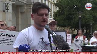 Łukasz Jakubowski – wystąpienie podczas pikiety solidarnościowej z osobami z Ukrainy, Warszawa, 7.08.2026.