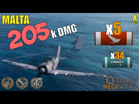 Aircraft Carrier Malta 5 Kills & 205k Damage | World of Warships Gameplay