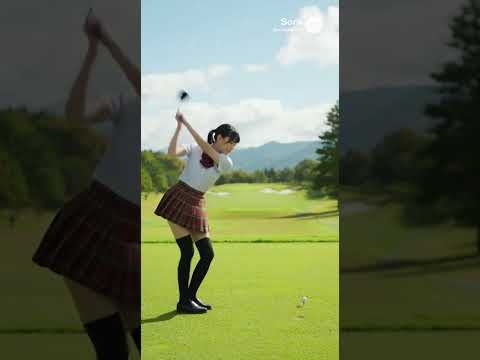 高校の制服姿の女の子がゴルフをしている