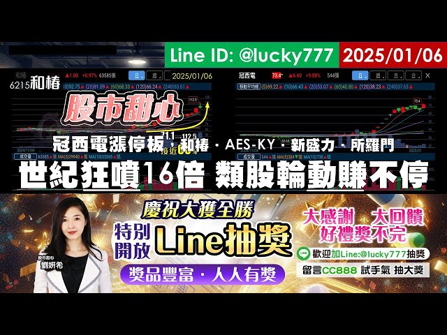 01/06【甜心盤後影音】狂賀～世紀狂噴16倍財富大暴增～冠西電．和椿．AES-KY．新盛力．所羅門，機器人、BBU輪動賺不停！