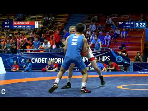1/8 GR - 45 kg: I. KANDZIAKOU (BLR) v. A. KULZHIGIT UU (KGZ)