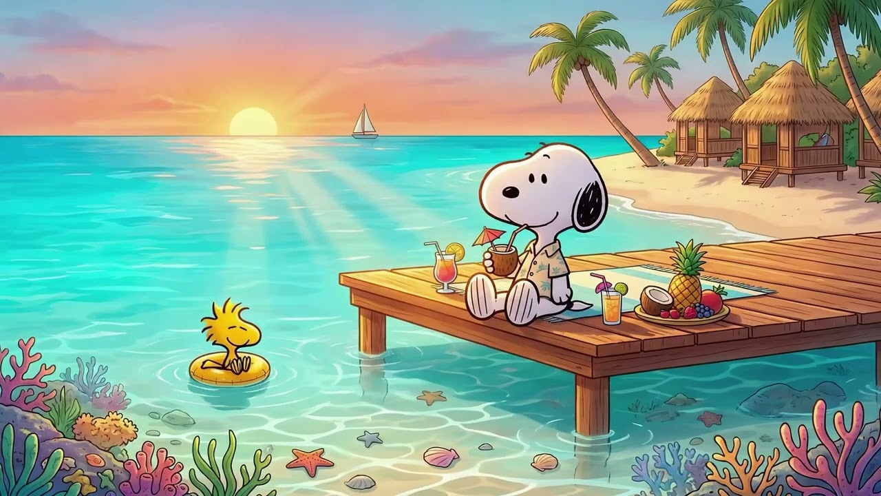 Snoopy Summer Tropical Sunset Pier 🌅 Summer Lofi Beats for Study, Work, Relax & Beach Focus