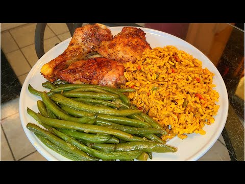 Oven Baked Chicken with Yellow Rice and Green beans from scratch