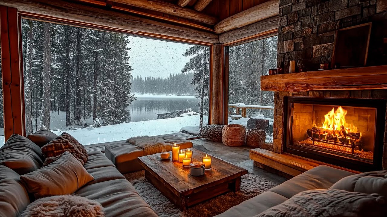 Tranquil Winter Scene ❄️Cozy Living Room, Fireplace Glow & Smooth Piano Music for Warm Winter Day