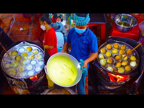 Delicious Appetizers! Nom Krok Khmer and Vietnamese Pancake Banh Xeo In BKK Market, Phnom Penh