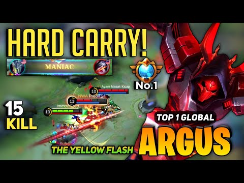 MANIAC! Argus Hypercarry Mode [ Top 1 Global Argus Best Build ] the yellow flash - Mobile Legends