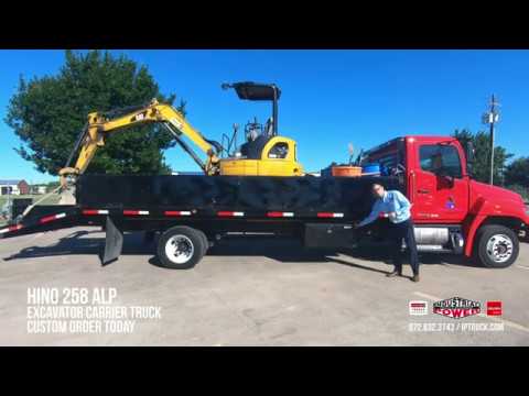 Excavator Carrier Truck: Red Hino 258ALP Non-CDL with 20ft Flatbed Body