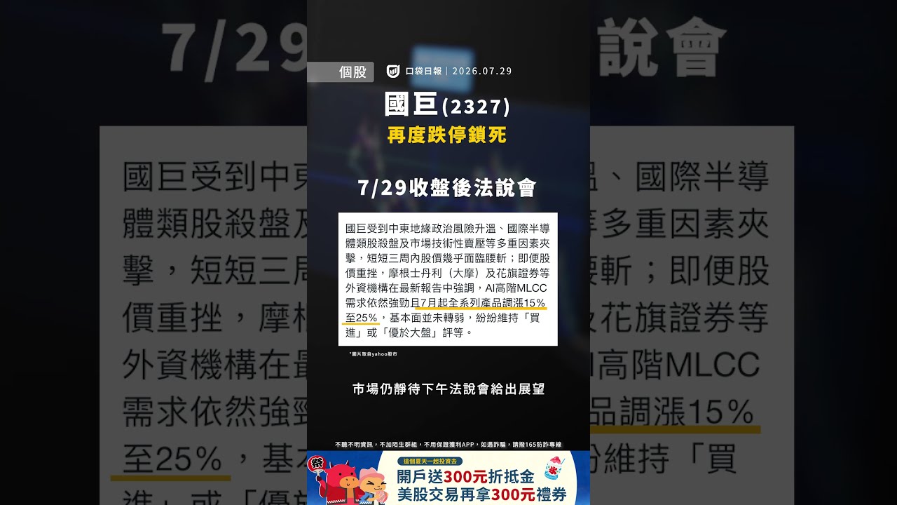 Fed 利率決議前夕台股爆兆元天量血洗!加權驚險守萬四!|口袋日報|2026.07.29