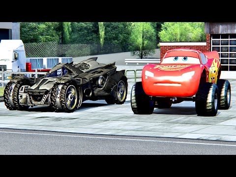 Lightning McQueen Monster Truck vs Batmobile Arkham Knight at Top Gear Track