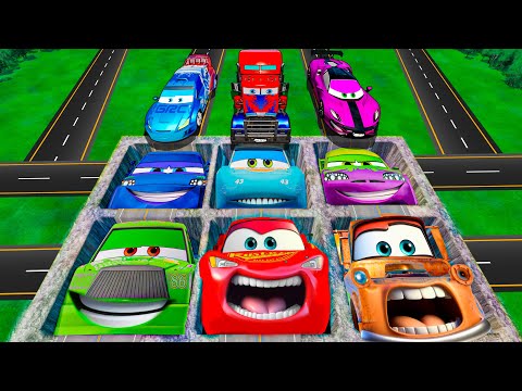 Mega pits with McQueen and Pixar Cars Vs Big & Small Lightning McQueen! BeamNG Drive Battle!