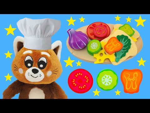 Pukkins den röda pandan gosedjur gör rolig sallad - Lek och lär - Lek med oss