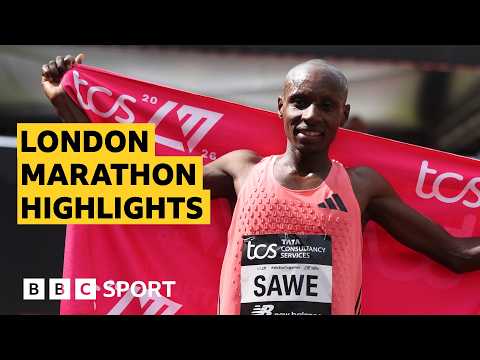 Sabastian Sawe crossing the line at the 2026 London Marathon in a world-record 1:59:30