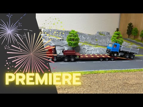 Loading tipper 8000 onto low loader Herpa 076371 with semi-trailer 8011 Viessmann CarMotion