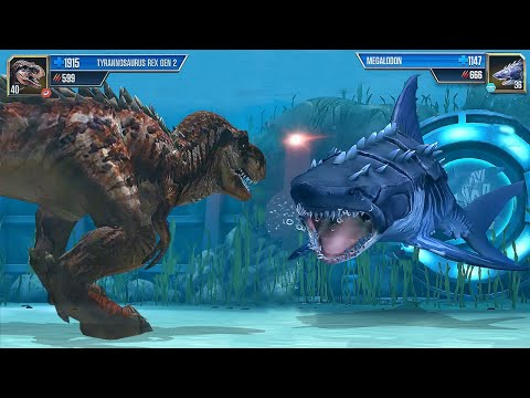 DINOSAUR T-REX GEN 2 VS MEGALODON - AQUATIC DINOSAUR FIGHT | JURASSIC WORLD THE GAME