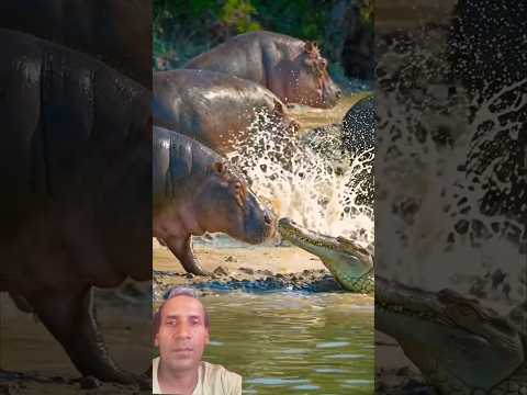 HIPPO vs CROCODILE - A WILDLIFE SHOWDOWN 🐊 #shortsfeed #wildlife #animals #trending #viral #shorts