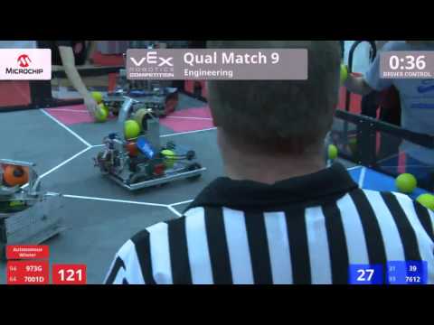 VEX Worlds 2016 - VRC High School - Engineering - Qual 9 (973G 7001D) 227 vs 60 (39 7612)