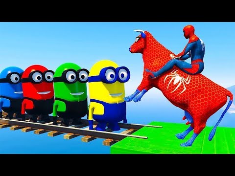 Long Slide Game With Elephant Gorilla Buffalo Hippopotamus Tiger - 3d Animal Game - Funny 3d Minions