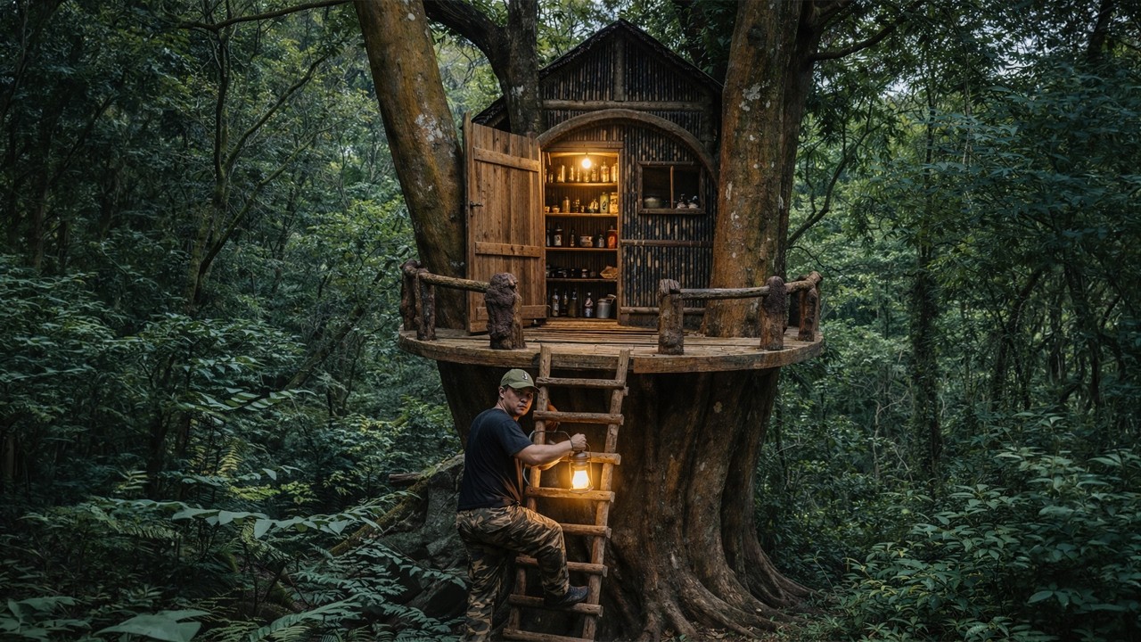 Build a Shelter to Avoid Wild Boars. Bushcraft Treehouse, Survival in the Forest