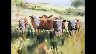 Cows in Pasture - FULL Length Watercolour Tutorial (Narrated)