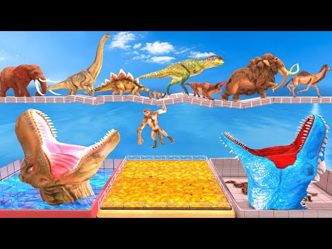 Dinosaurs vs Animals Race: Who Can Run Across The T-Rex Giga Bridge? Animal Revolt Battle Simulator