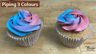 How to swirl 3 colours of icing : Put 3 colors in a piping bag : Decorating cupcakes for beginners