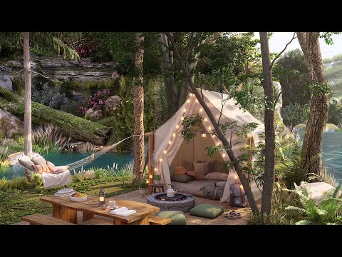 Lakeside Summer Day Ambience 🏕️ Relaxing Nature Sounds, Gentle Lake Waves & Cozy Campfire ASMR