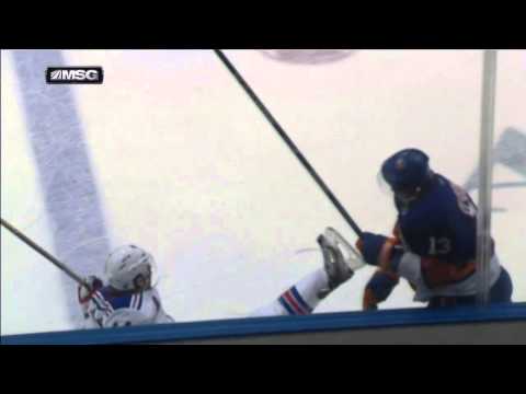 Scrum 1st period Aaron Asham Colin McDonald April 13 2013 NY Rangers vs NY Islanders NHL Hockey