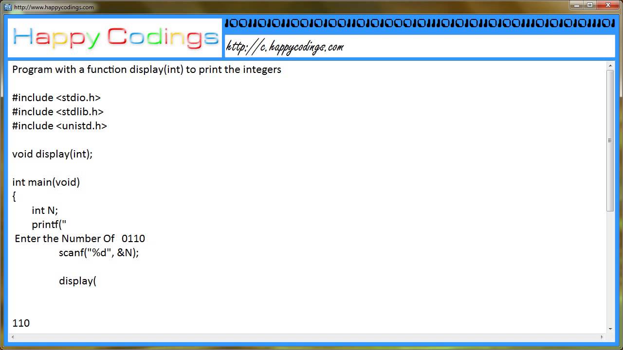 Program with a function display int to print the integers c code example