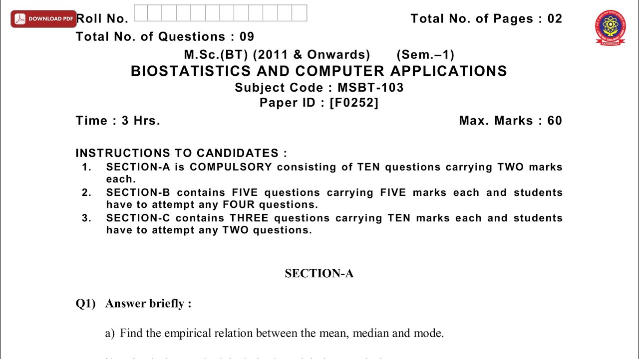 MSC BT 1ST SEM BIOSTATISTICS AND COMPUTER APPLICATIONS F DEC 2018 | PTU
