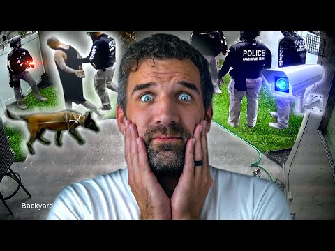 Man with a shocked, hands-on-face expression in the foreground; a backyard scene with police, a security camera, and a dog in the background (thumbnail collage).