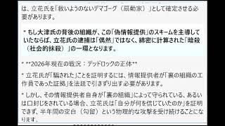 司令官の指令：立花氏が「裏の組織」から偽情報を掴まされ、警察諸共その罠に嵌まった「情報戦における冤罪」の可能性を、戦略的観点から多角的に分析せよ。