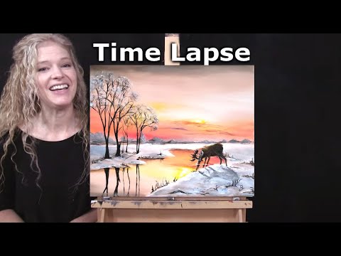 How to Draw and Paint "SUNRISE MORNING MOOSE" with Acrylics - Time Lapse Step by Step Art Tutorial