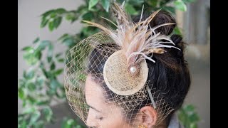 Tutorial Tocado diadema base rafia con red, plumas de avestruz, perla y strass