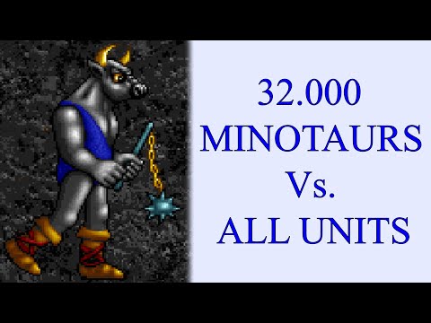 32.000 Minotaurs Vs. Knight, Barbarian, Sorceress and Warlock units - Heroes of Might and Magic I