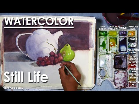 Watercolor Still Life Painting Kettle and Fruits