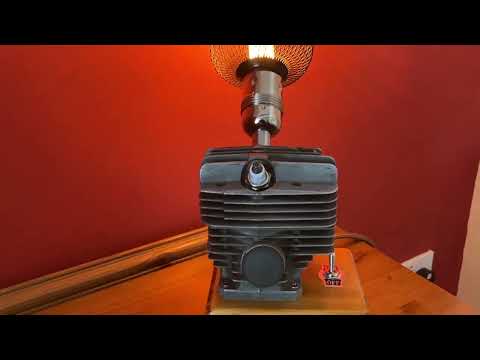 Industrial Engine Table Lamp, Chainsaw Cylinder with Mesh Caged Bulb