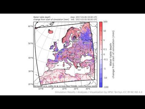 TerrSysMP monitoring run 2017-03-05 - water table depth change - Europe (72h)