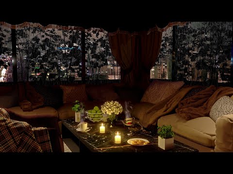 Rain Sounds 8 Hours | Cozy Living Room with a Rainy Night City View