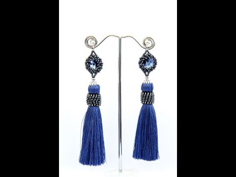 Серьги кисти длинные синие c кристаллами и бисером Герцогиня Ручная работа - фото 1 - id-p1418683835