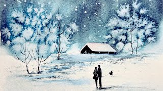 Magical Winter Night Watercolor • Couple, Dog & Snowy Cabin Tutorial