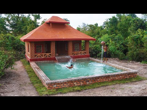 Build a Survival Mud House And a Brick Swimming Pool In The Forest