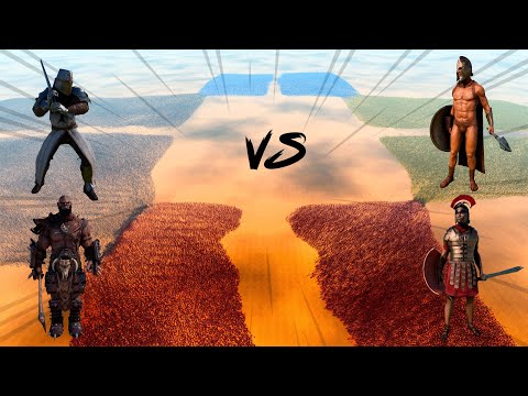 4 ARMIES - ROMAN GENERALS vs HEAVY KNIGHT vs SPARTANS vs ORKS | Ultimate Epic Battle Simulator 2