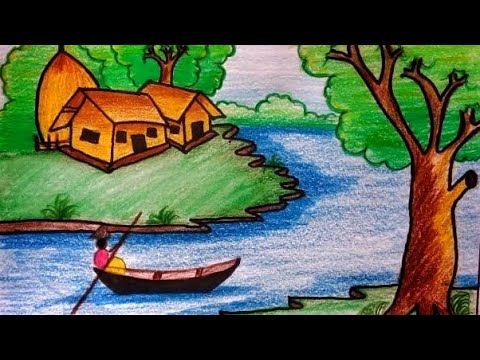 how to draw Landscape /Beautiful scenery of nature(village scenery)