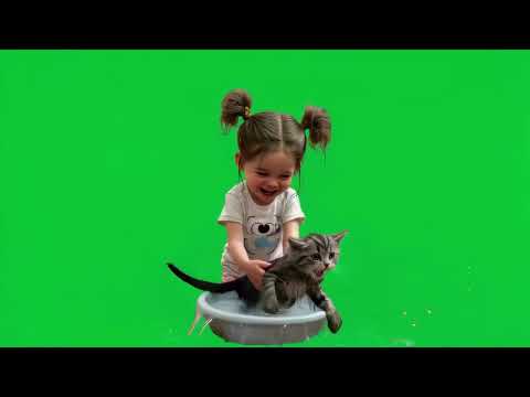 The little girl washes the cat, which then disappears 4k green screen #funnypets
