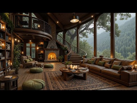 Cozy Living Room on Rainy Day Ambience - Smooth Jazz Piano Music & Relaxing Rain, Fireplace Sounds 🔥