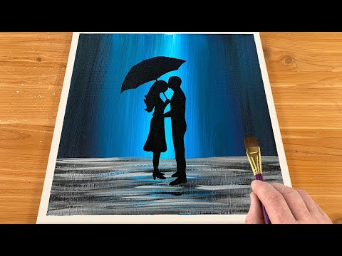 Loving Couple under Umbrella in Rainy Day Easy / Acrylic painting for beginners / Step by Step