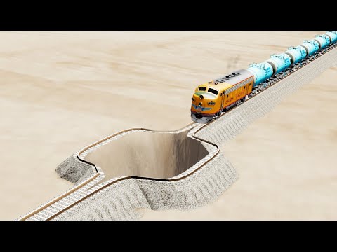 Impossible Wide Splitting Rail Wave Tracks Vs Trains Crossing Giant Pit - BeamNG.Drive
