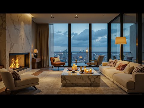 Empire State in the Rain • Cozy Penthouse Jazz & Crackling Fireplace Ambience
