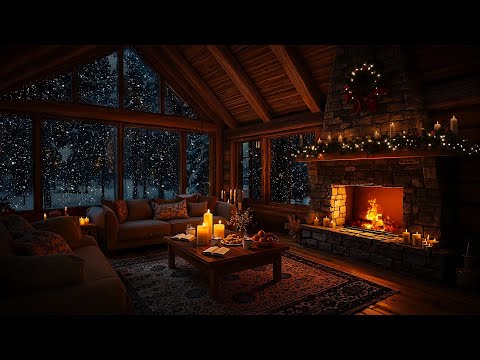 Soothing Jazz Music in Cozy Winter Cabin by the Fireplace ❄️ Snowfall & Crackling Fireplace to Sleep
